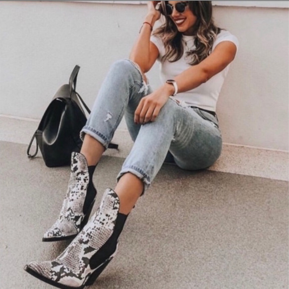 Zara Black and White Snake Print Ankle Boots - Picture 1 of 14